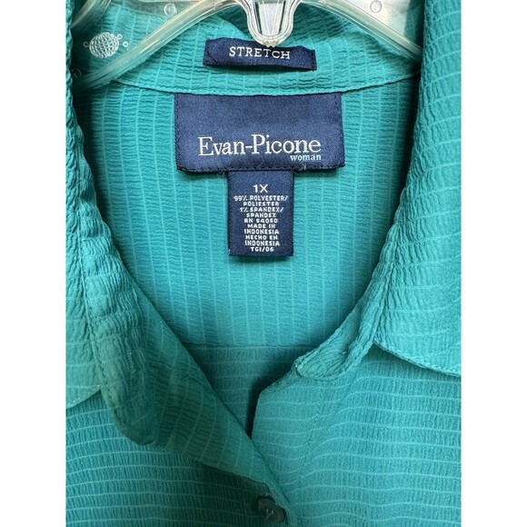 Evan Picone Blouse Women’s Plus Size 1X Button Turquoise Sheer Roll-tab Sleeves - Picture 5 of 5